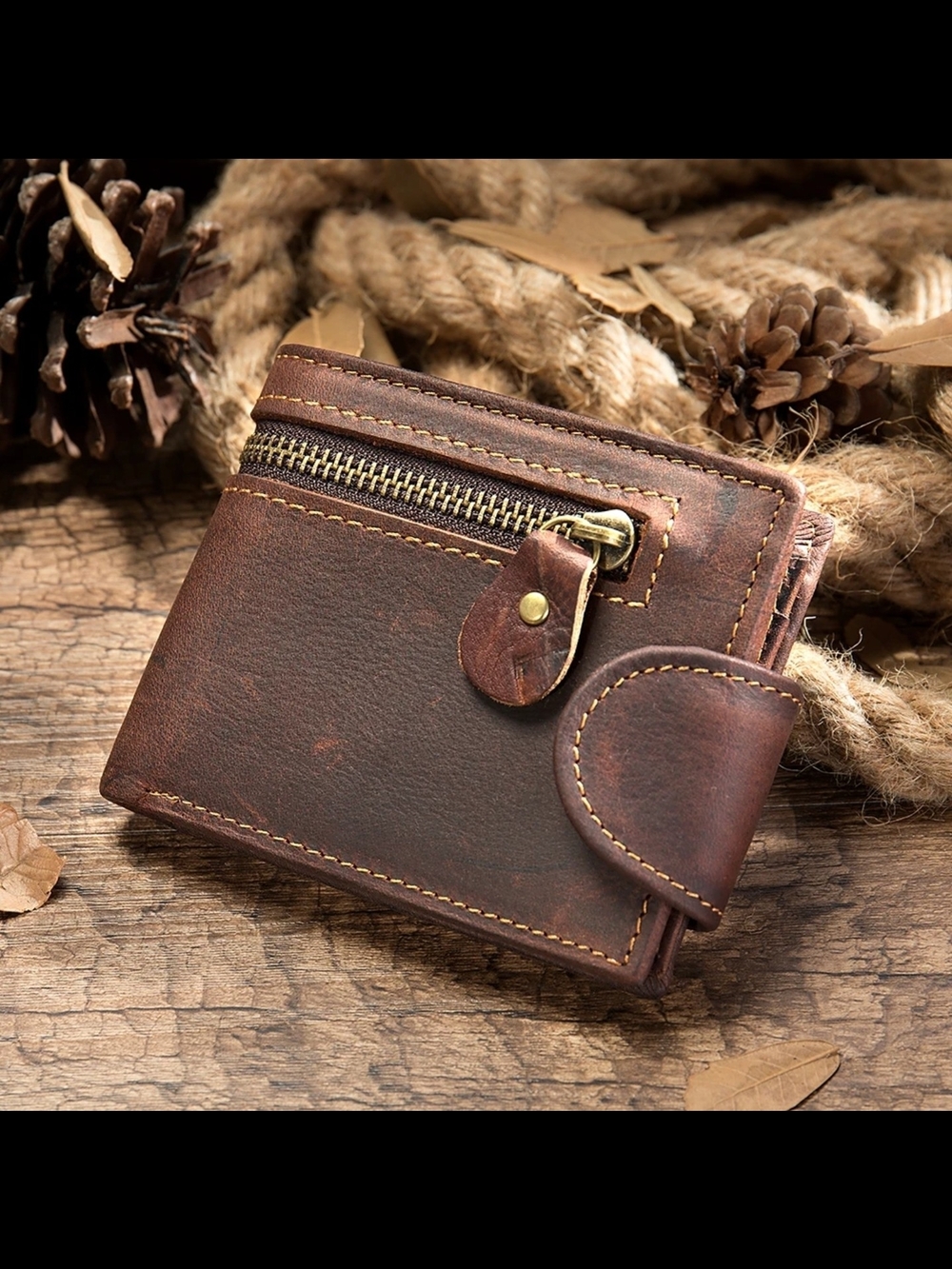 Vintage Brown Leather Men’s Wallet with Zipper Coin Pocket